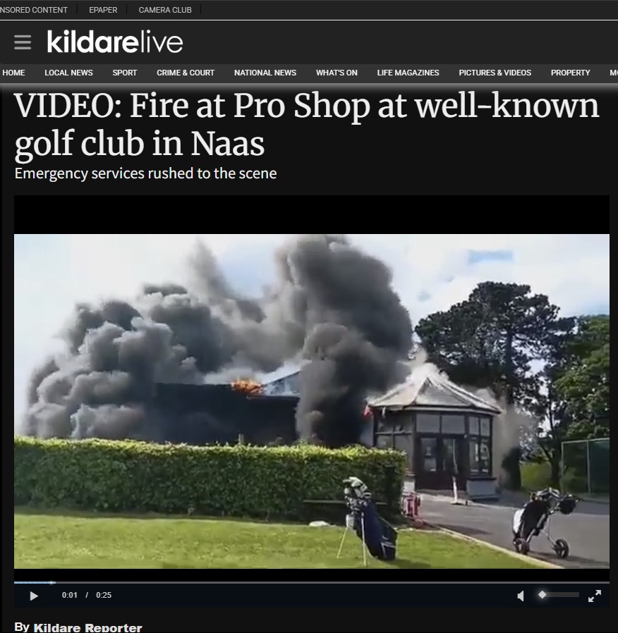 News article of golf club pro shop catching fire