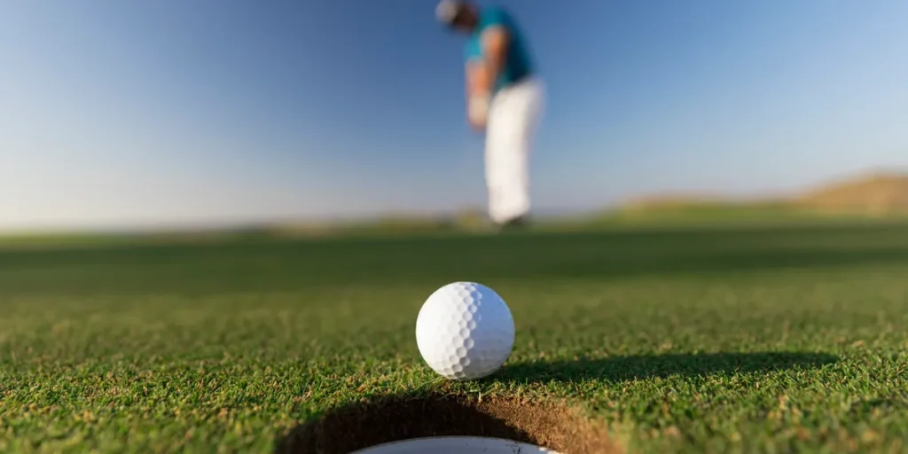 man putting on green with ball in front of golf hole