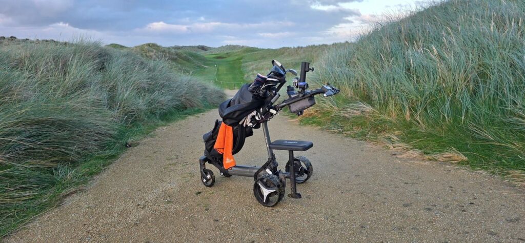 Axglo e5 golf trolley on cart path